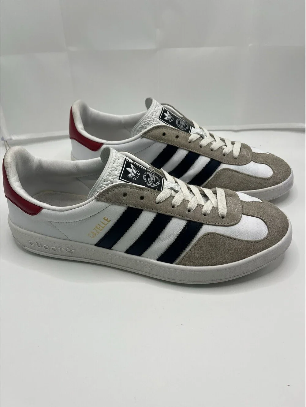 Gucci x Adidas Gazelle Mens 11 White Leather Suede Navy Red Sneakers Authentic